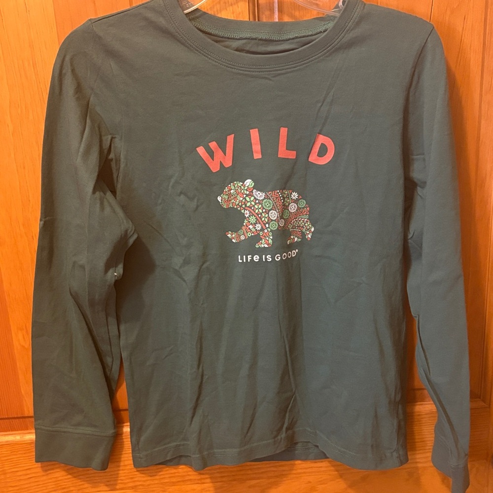 Life Is Good Green Long Sleeve Tee with Wild Bear Design